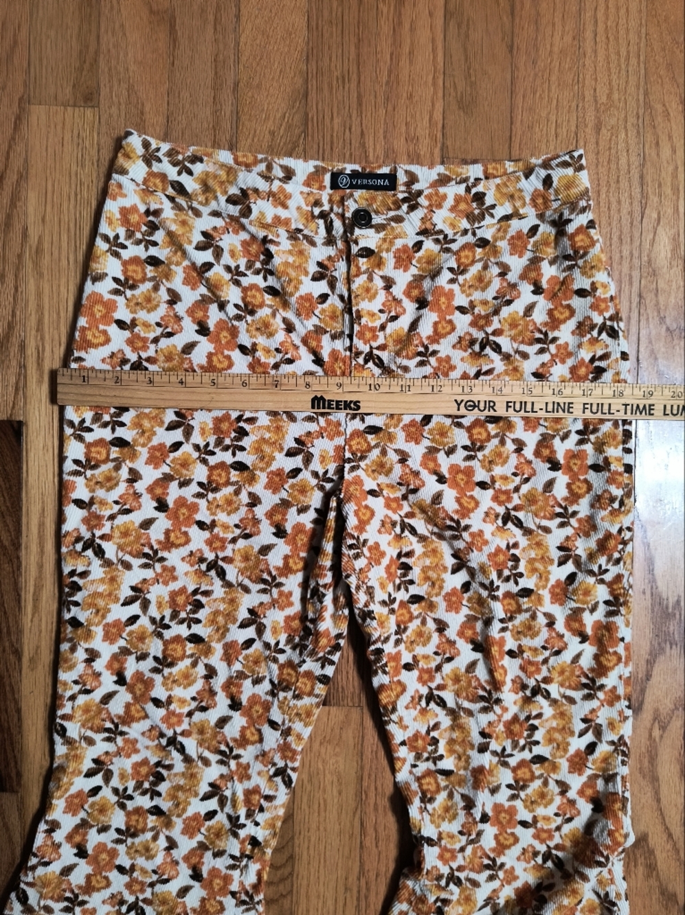 Versona Bell Bottoms, Corduroy Flare Leg Pants, Women's 8, Brown/Orange Floral - Picture 15 of 16